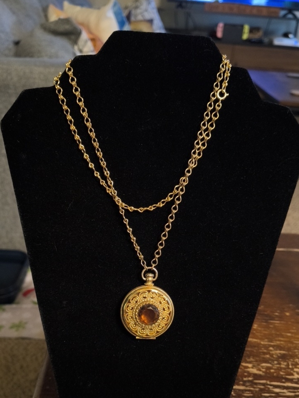 Vintage Avon Gold-Tone Filigree Locket Necklace with Amber Stone